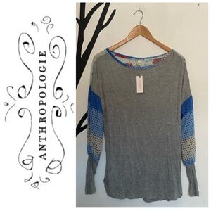 NWT Anthropologie Tiny grey and blue floral mixed media balloon sleeved top